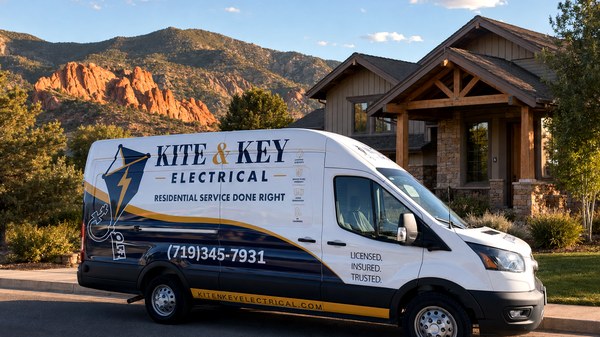 Kite & Key Electrical van, front three-quarter view at golden hour in the Colorado foothills