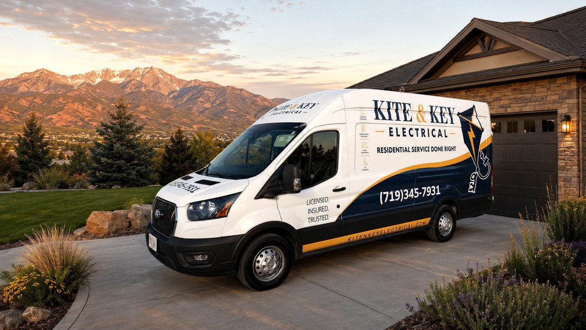 Kite & Key Electrical service van at golden hour with the Colorado mountains behind it