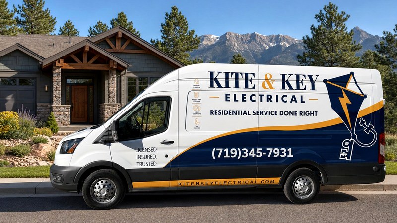 Kite & Key Electrical van, full side profile with a Colorado home and mountains behind it